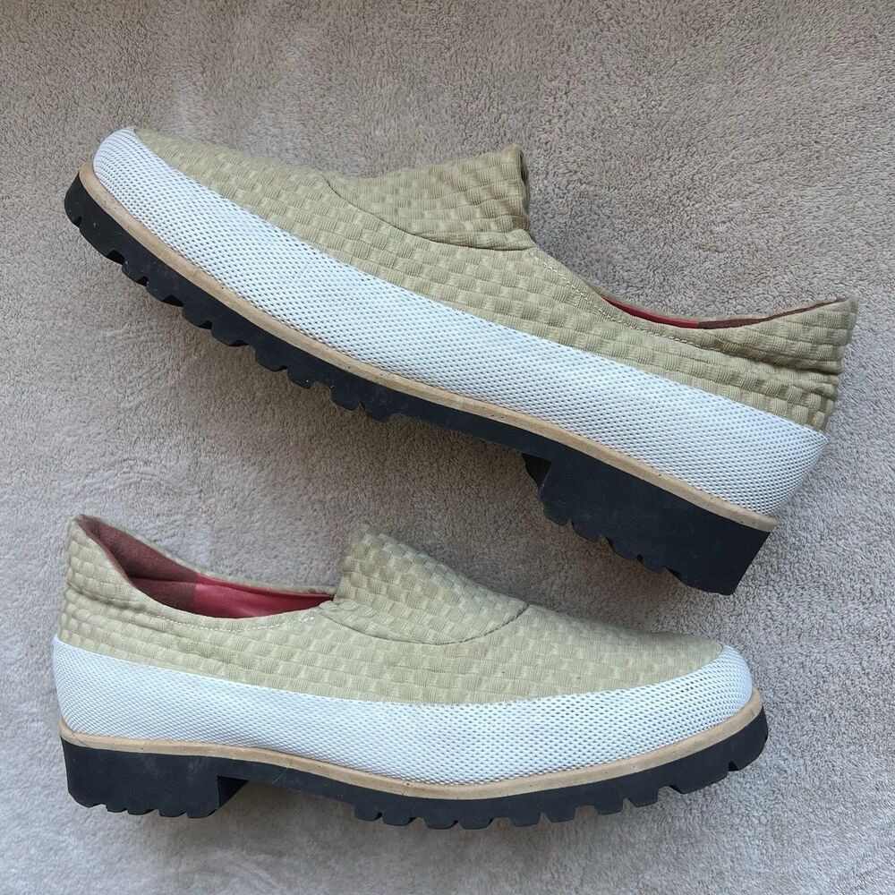 Pas de Rouge Tan & White Stretch Fabric Slip On‎ Flat Shoes Women EU 38.5 US 7.5